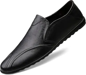 Men's Leather Flat Loafers,Slip On Comfortable Soft Sole Non-Slip Driving Casual Leather Shoes