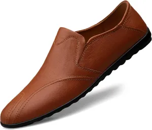 Men's Leather Flat Loafers,Slip On Comfortable Soft Sole Non-Slip Driving Casual Leather Shoes