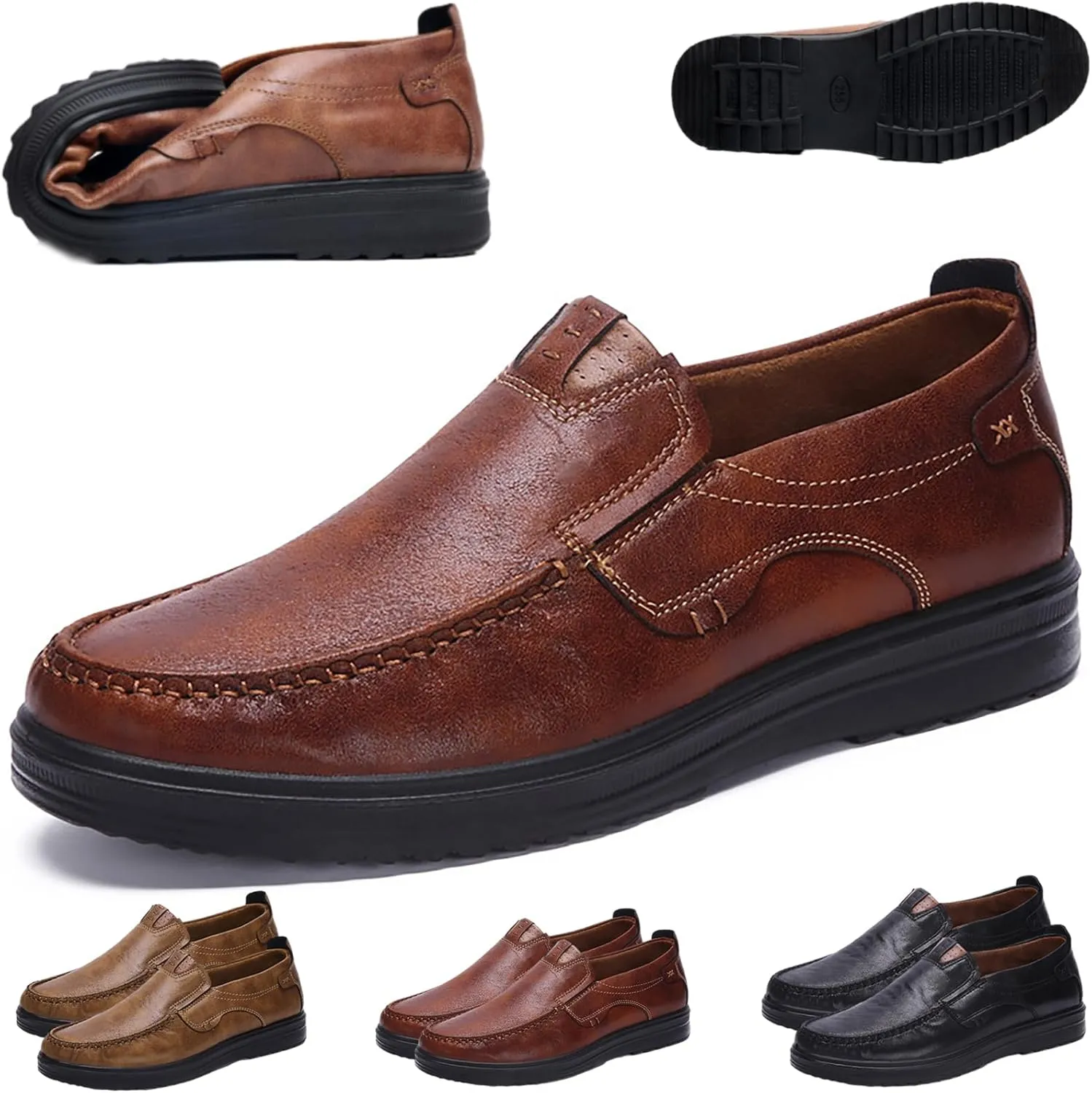 Men's Leather Lightweight Comfortable Casual Slip-On Loafers, Leather Moccasins Men Soft Breathable Flat Driving Loafers Business Work Dress Shoes