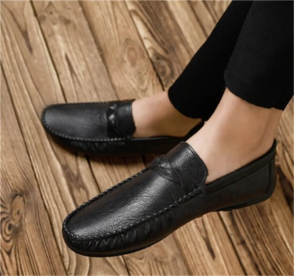Mens Leather Loafers Lightweight Anti Slip Comfortable Flat Heel Classic Casual Shoes Outdoor Walking Driving Shoes