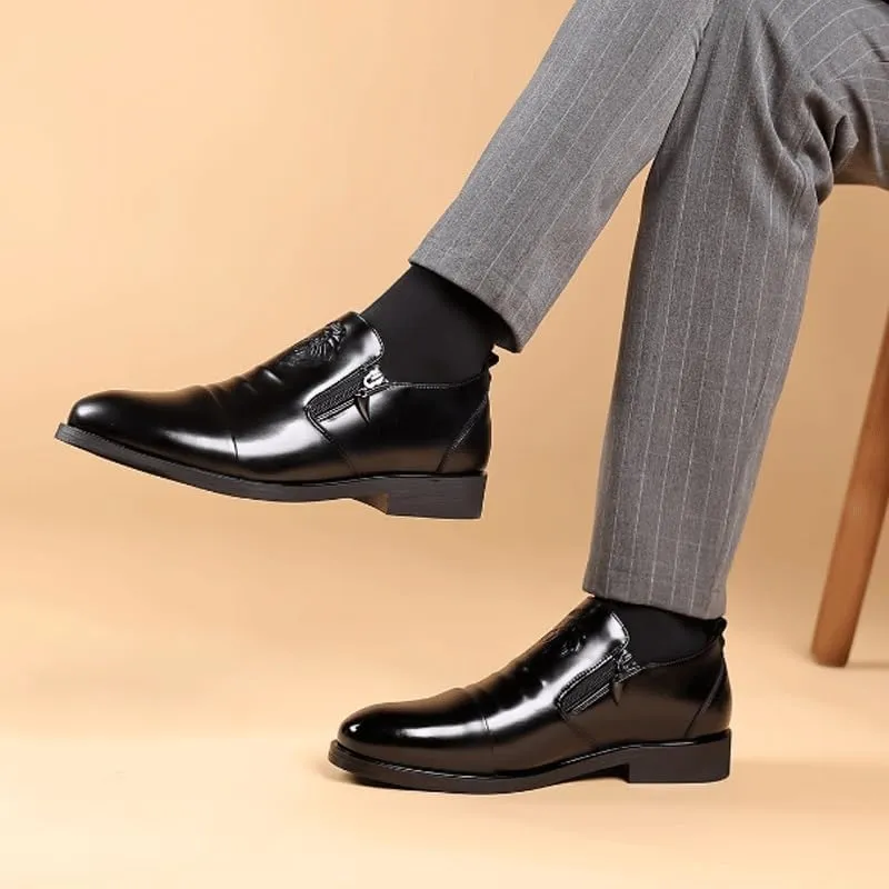 Men's Loafers Slip-On Shoes with Non-Slip Sole Side Zipper Hand-Sewn Classic Leather Business Dress Shoes