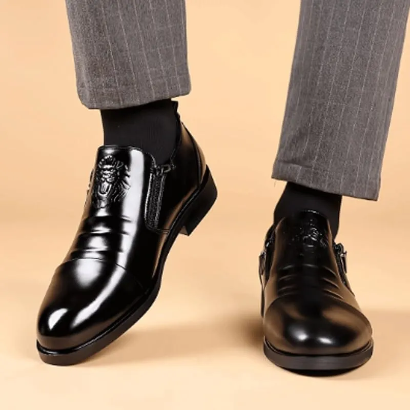 Men's Loafers Slip-On Shoes with Non-Slip Sole Side Zipper Hand-Sewn Classic Leather Business Dress Shoes