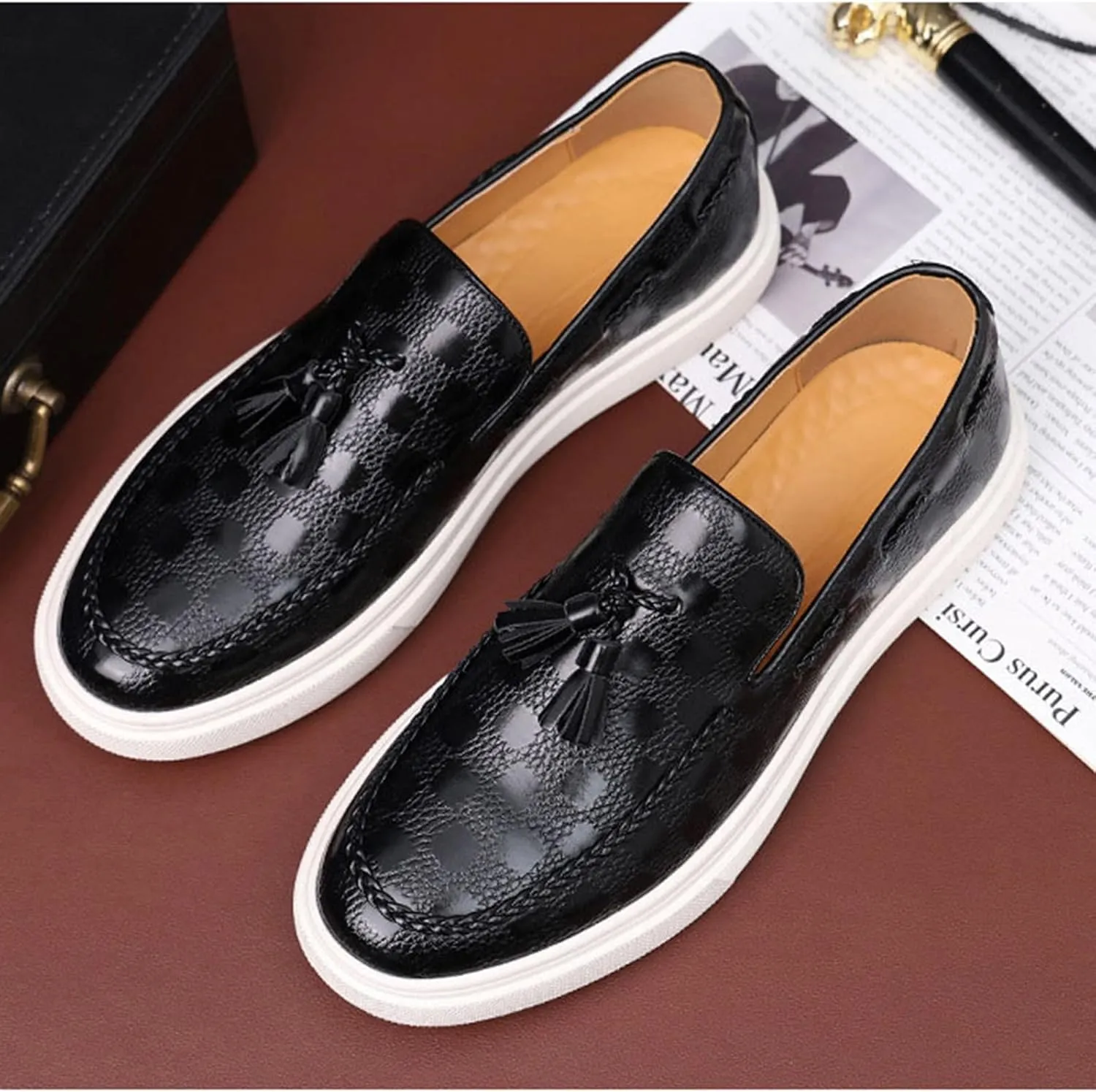 Men's PU Leather Slip-On Tassel Loafers Casual Platform Shoes Lightweight Driving Flat Leather Loafers
