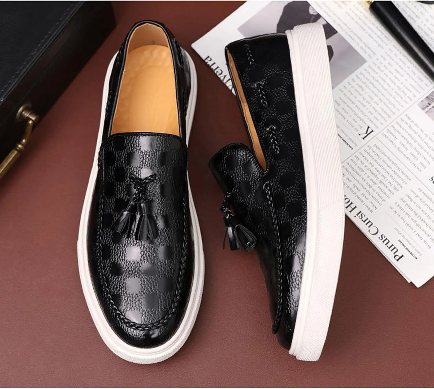Men's PU Leather Slip-On Tassel Loafers Casual Platform Shoes Lightweight Driving Flat Leather Loafers