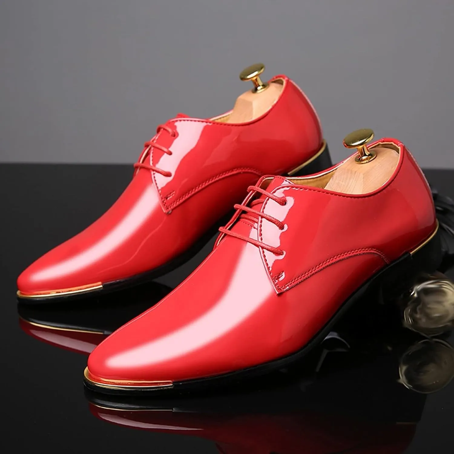 Mens Red Dress Shoes with Low Heel Lace Up Patent Leather Shoes for Men Comfortable Business Formal Oxfords Elegant Dating Leather Shoe for Men Red Low Top Office Work Boots Shoe Man