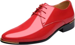 Mens Red Dress Shoes with Low Heel Lace Up Patent Leather Shoes for Men Comfortable Business Formal Oxfords Elegant Dating Leather Shoe for Men Red Low Top Office Work Boots Shoe Man
