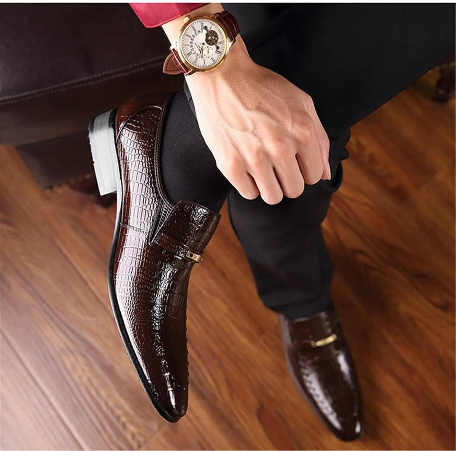 Mens Retro Business Formal Shoes with Low Heel Non Slip Arch Support Walking Shoe Men Comfortable Business Formal Shoes Lightweight Casual Dress Shoe Elegant Dating Weding Slip on Footwear
