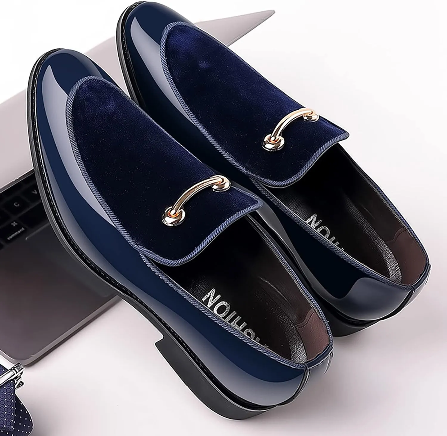 Mens Retro Dress Shoes with Low Heel Non Slip Casual Blue Suede Leather Shoes Arch Support Walking Shoe for Men Elegant Gentalmen Business Formal Shoe Lightweight Slip on Loafers