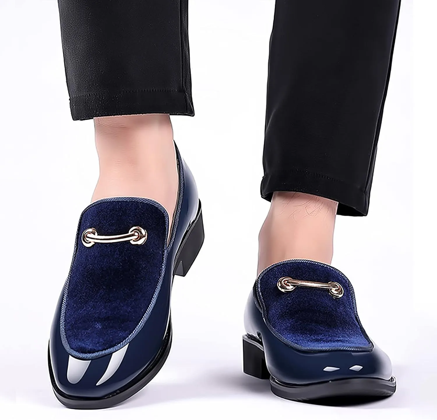 Mens Retro Dress Shoes with Low Heel Non Slip Casual Blue Suede Leather Shoes Arch Support Walking Shoe for Men Elegant Gentalmen Business Formal Shoe Lightweight Slip on Loafers
