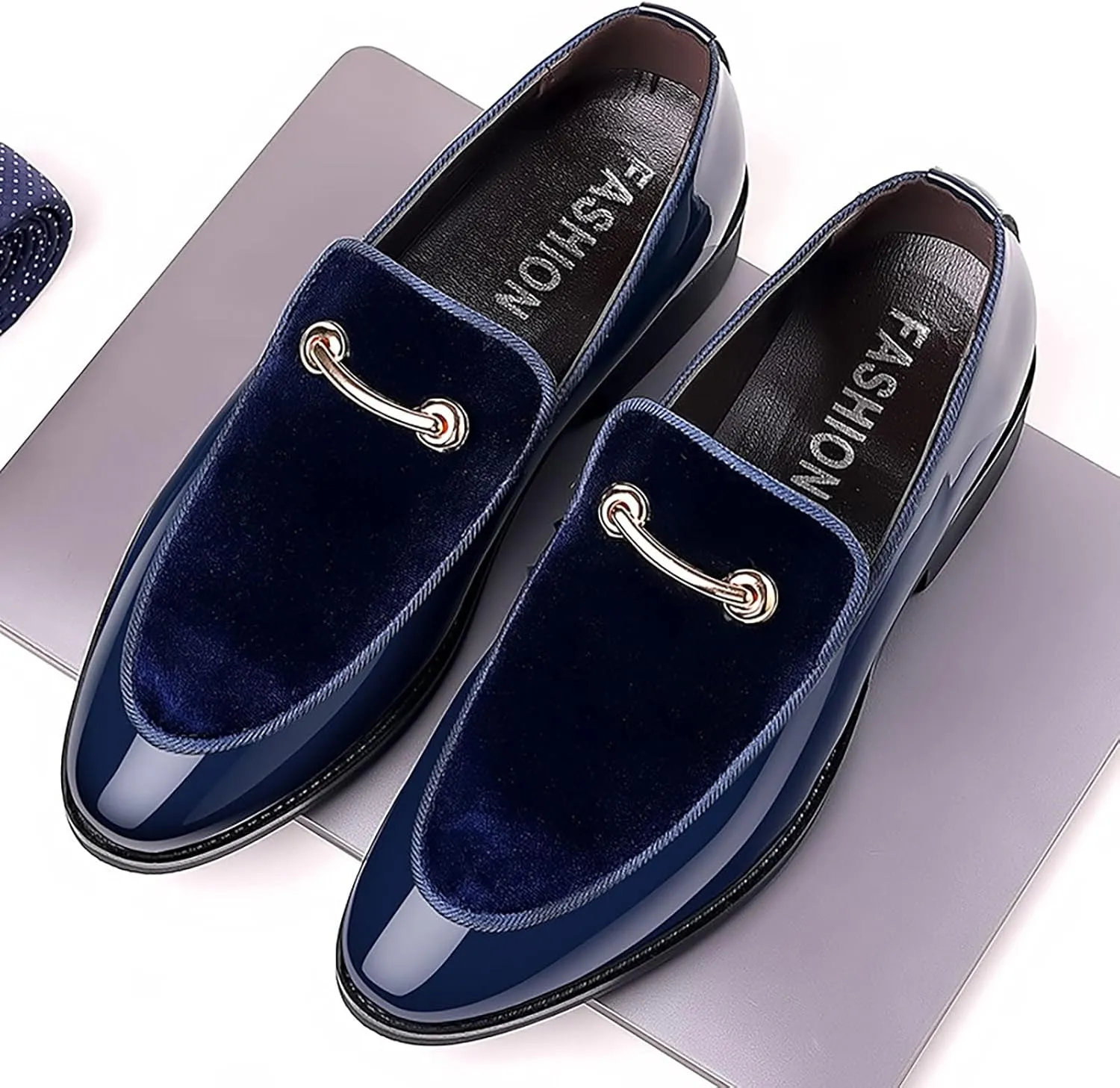 Mens Retro Dress Shoes with Low Heel Non Slip Casual Blue Suede Leather Shoes Arch Support Walking Shoe for Men Elegant Gentalmen Business Formal Shoe Lightweight Slip on Loafers