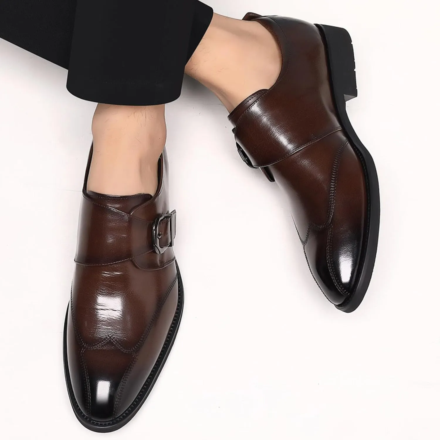 Mens Retro Leather Shoes with Single Buckle Strap Arch Support Walking Monk Shoe Men Elegant Dress Shoes Comfort Wingtip Oxfords Pointed Toe Modern Dress Sneakers Formal Business Shoe