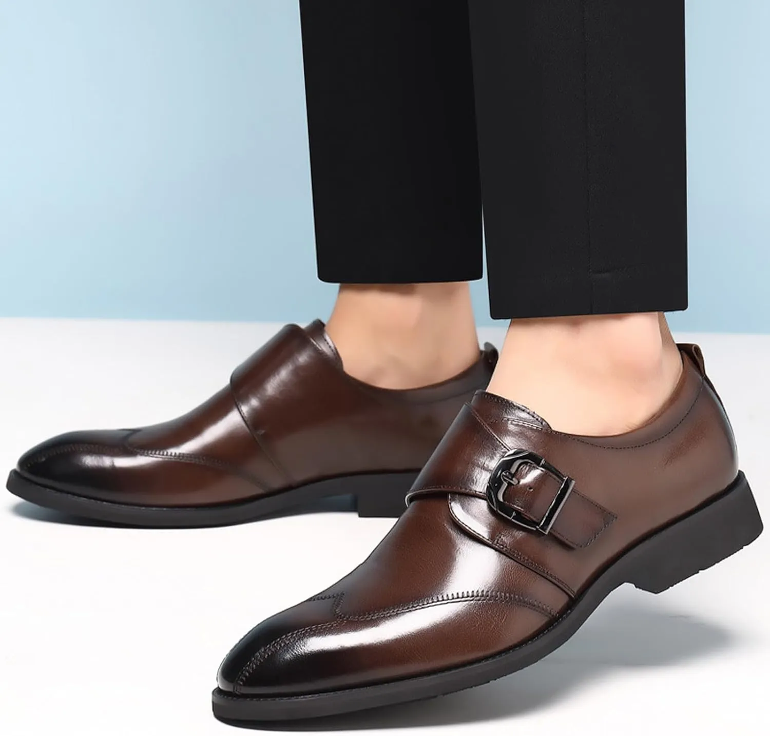 Mens Retro Leather Shoes with Single Buckle Strap Arch Support Walking Monk Shoe Men Elegant Dress Shoes Comfort Wingtip Oxfords Pointed Toe Modern Dress Sneakers Formal Business Shoe