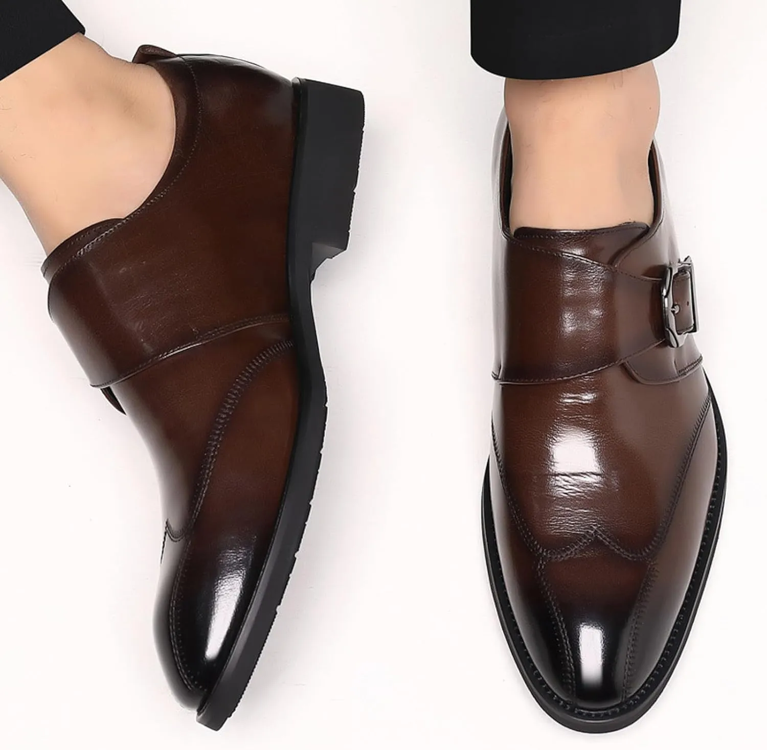 Mens Retro Leather Shoes with Single Buckle Strap Arch Support Walking Monk Shoe Men Elegant Dress Shoes Comfort Wingtip Oxfords Pointed Toe Modern Dress Sneakers Formal Business Shoe