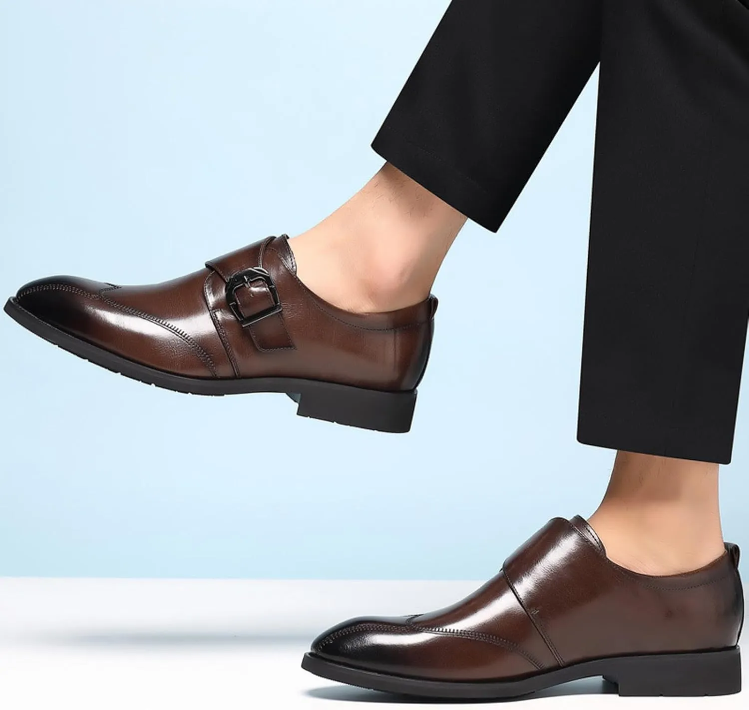 Mens Retro Leather Shoes with Single Buckle Strap Arch Support Walking Monk Shoe Men Elegant Dress Shoes Comfort Wingtip Oxfords Pointed Toe Modern Dress Sneakers Formal Business Shoe