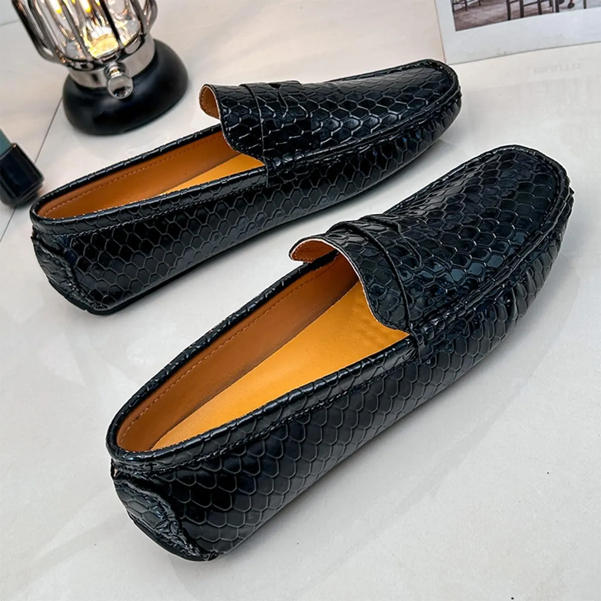 Men's Snake Embossed Leather Loafers Black Slip-On Driving Moccasins Shoes Style