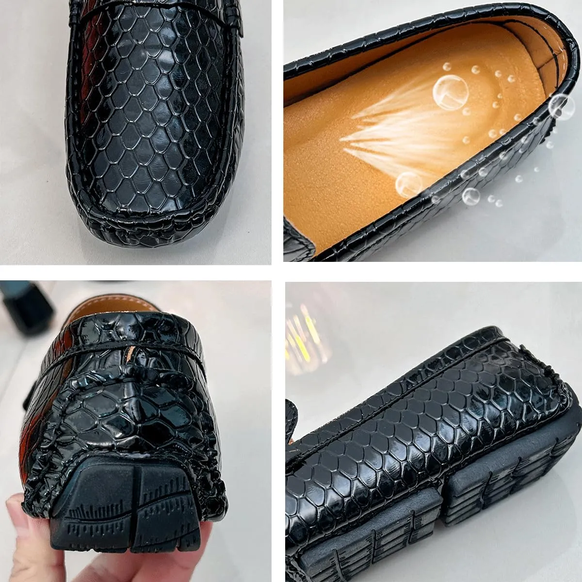 Men's Snake Embossed Leather Loafers Black Slip-On Driving Moccasins Shoes Style