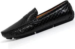 Men's Snake Embossed Leather Loafers Black Slip-On Driving Moccasins Shoes Style