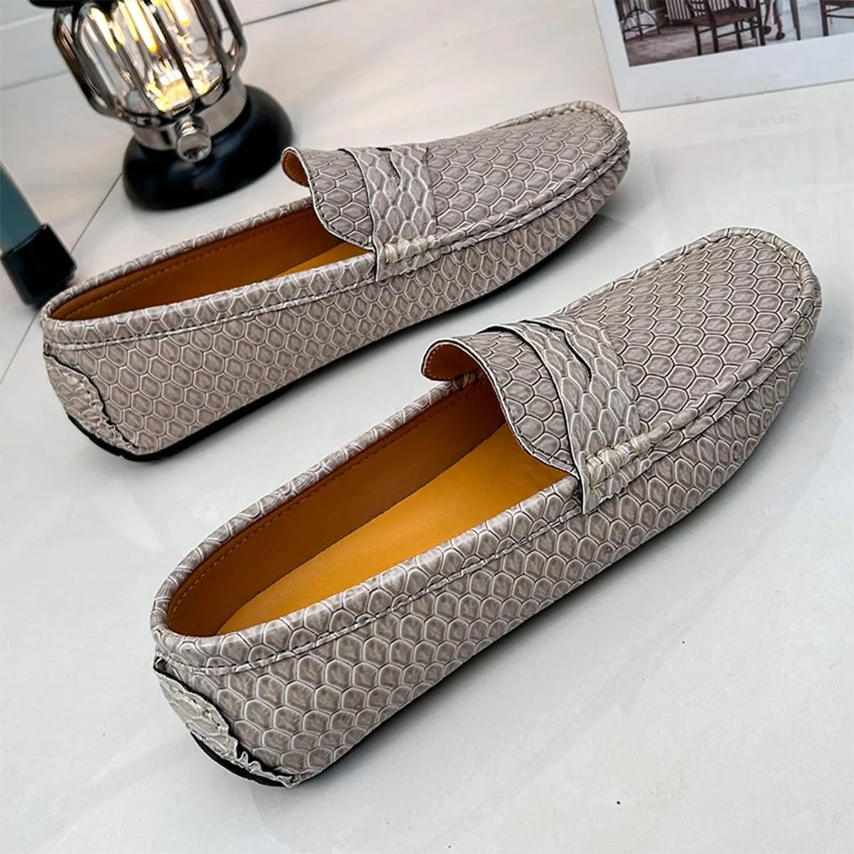 Men's Snake Embossed Leather Loafers Black Slip-On Driving Moccasins Shoes Style