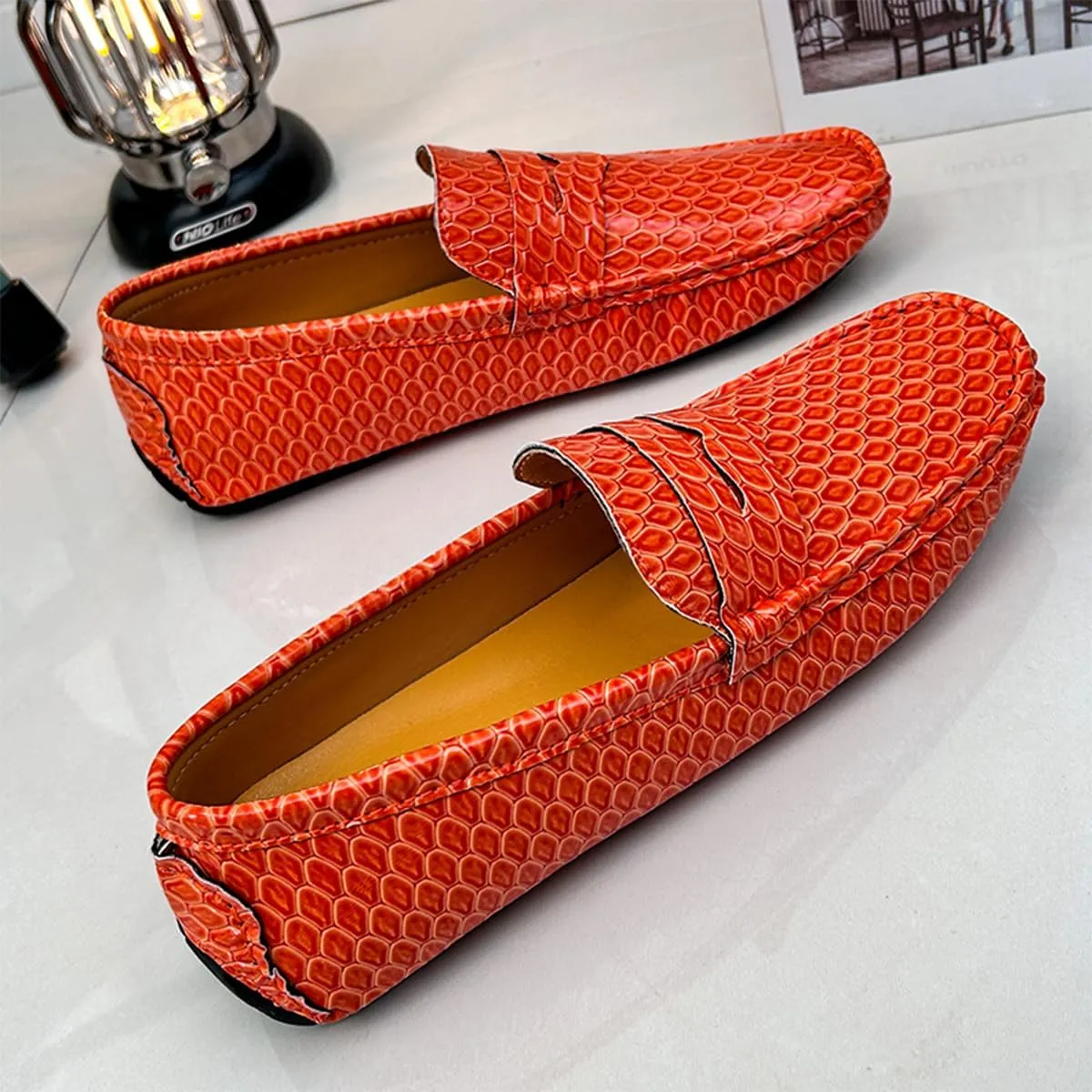 Men's Snake Embossed Leather Loafers Black Slip-On Driving Moccasins Shoes Style