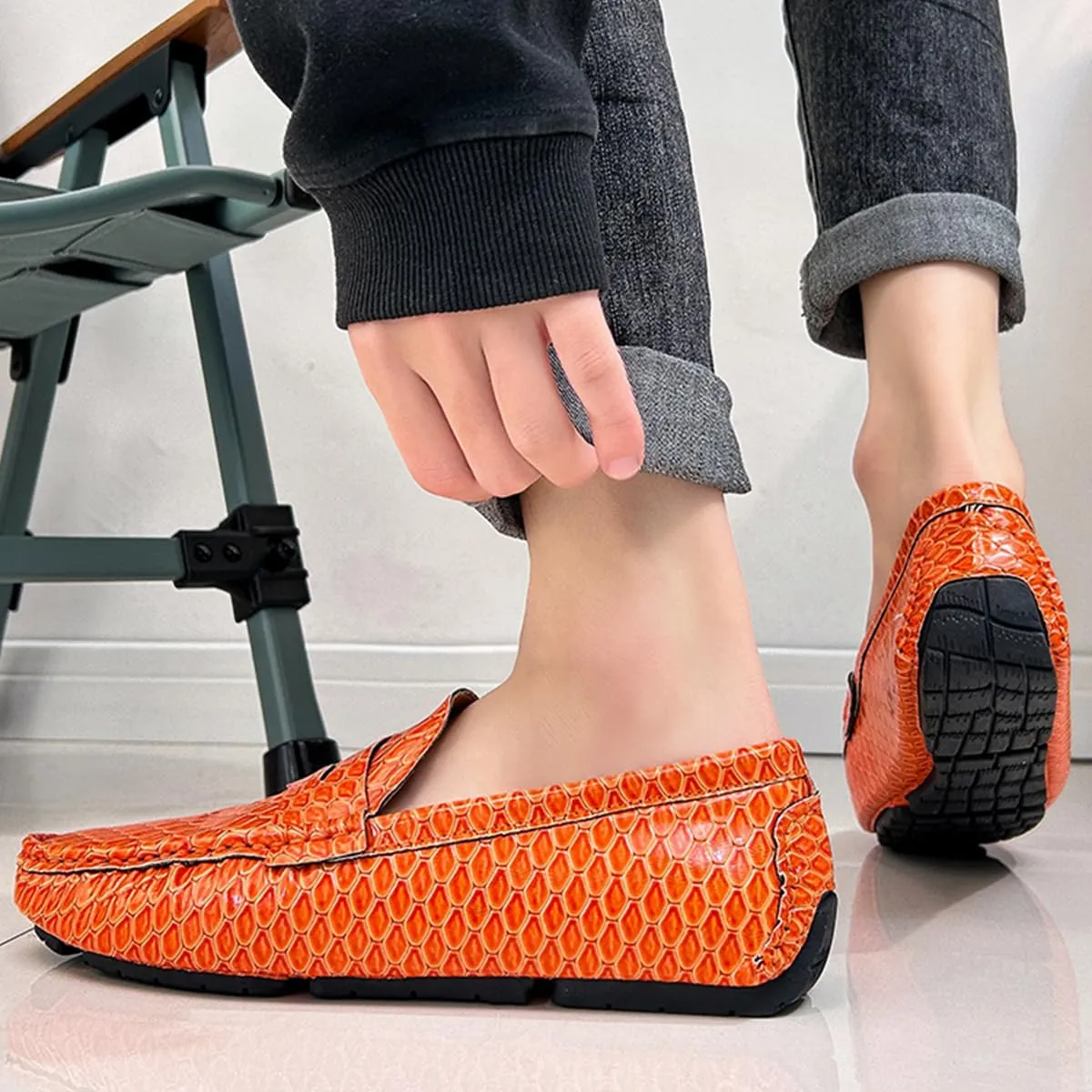 Men's Snake Embossed Leather Loafers Black Slip-On Driving Moccasins Shoes Style