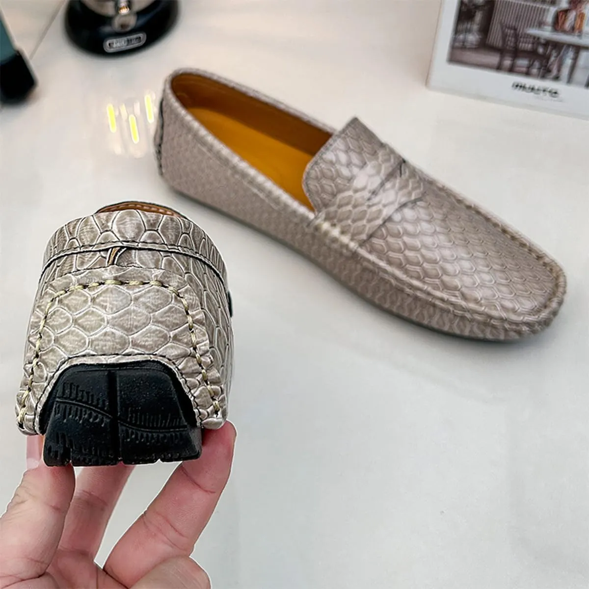 Men's Snake Embossed Leather Loafers Black Slip-On Driving Moccasins Shoes Style