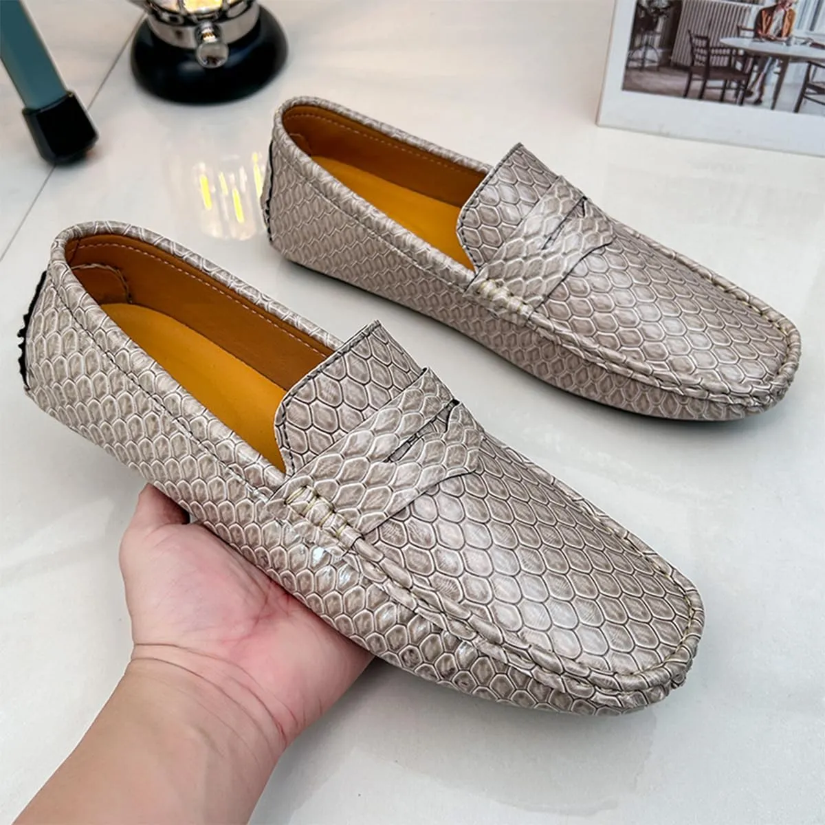 Men's Snake Embossed Leather Loafers Black Slip-On Driving Moccasins Shoes Style