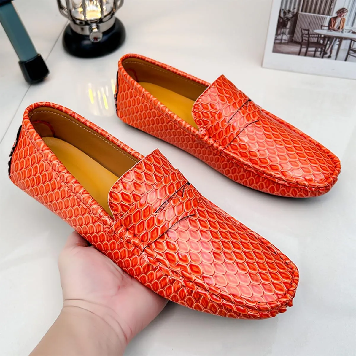 Men's Snake Embossed Leather Loafers Black Slip-On Driving Moccasins Shoes Style