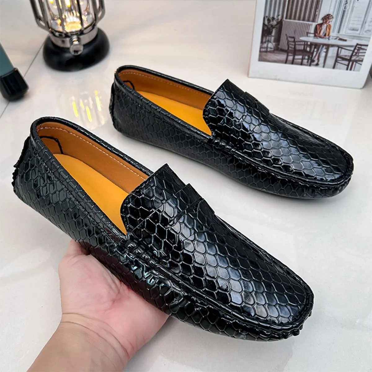 Men's Snake Embossed Leather Loafers Black Slip-On Driving Moccasins Shoes Style