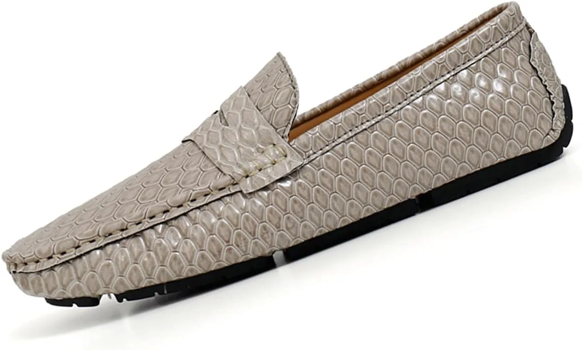 Men's Snake Embossed Leather Loafers Black Slip-On Driving Moccasins Shoes Style