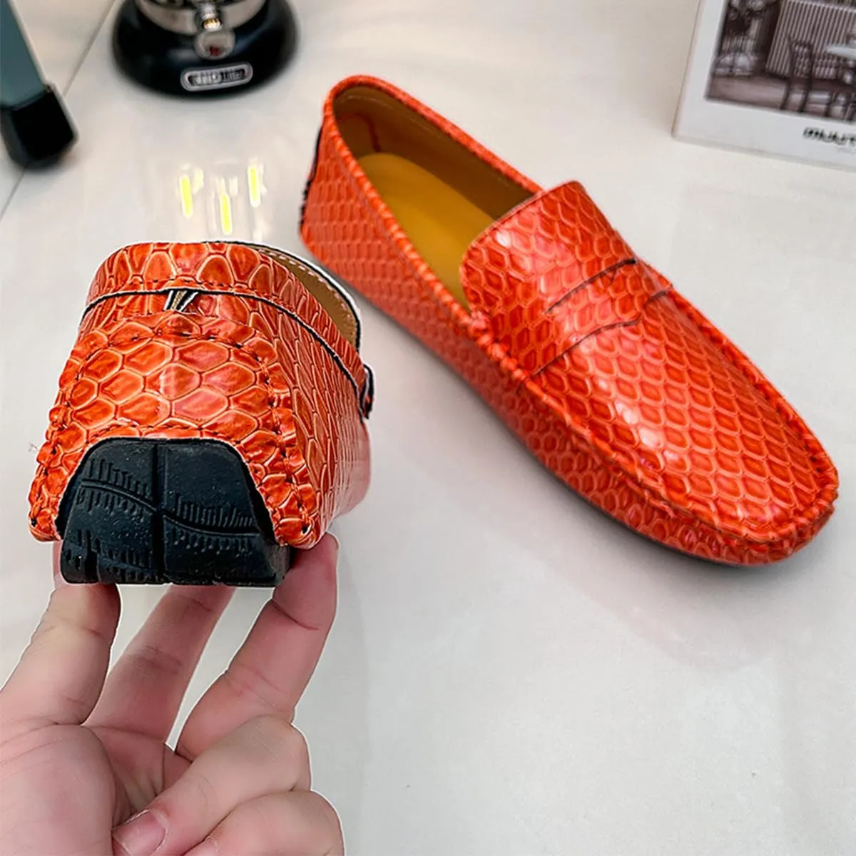 Men's Snake Embossed Leather Loafers Black Slip-On Driving Moccasins Shoes Style