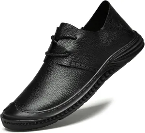 Men's Soft Leather Lace Up Flat Loafers Hand Stitching Comfortable Soft Sole Slip On Driving Walking Shoes Casual Dress Loafers