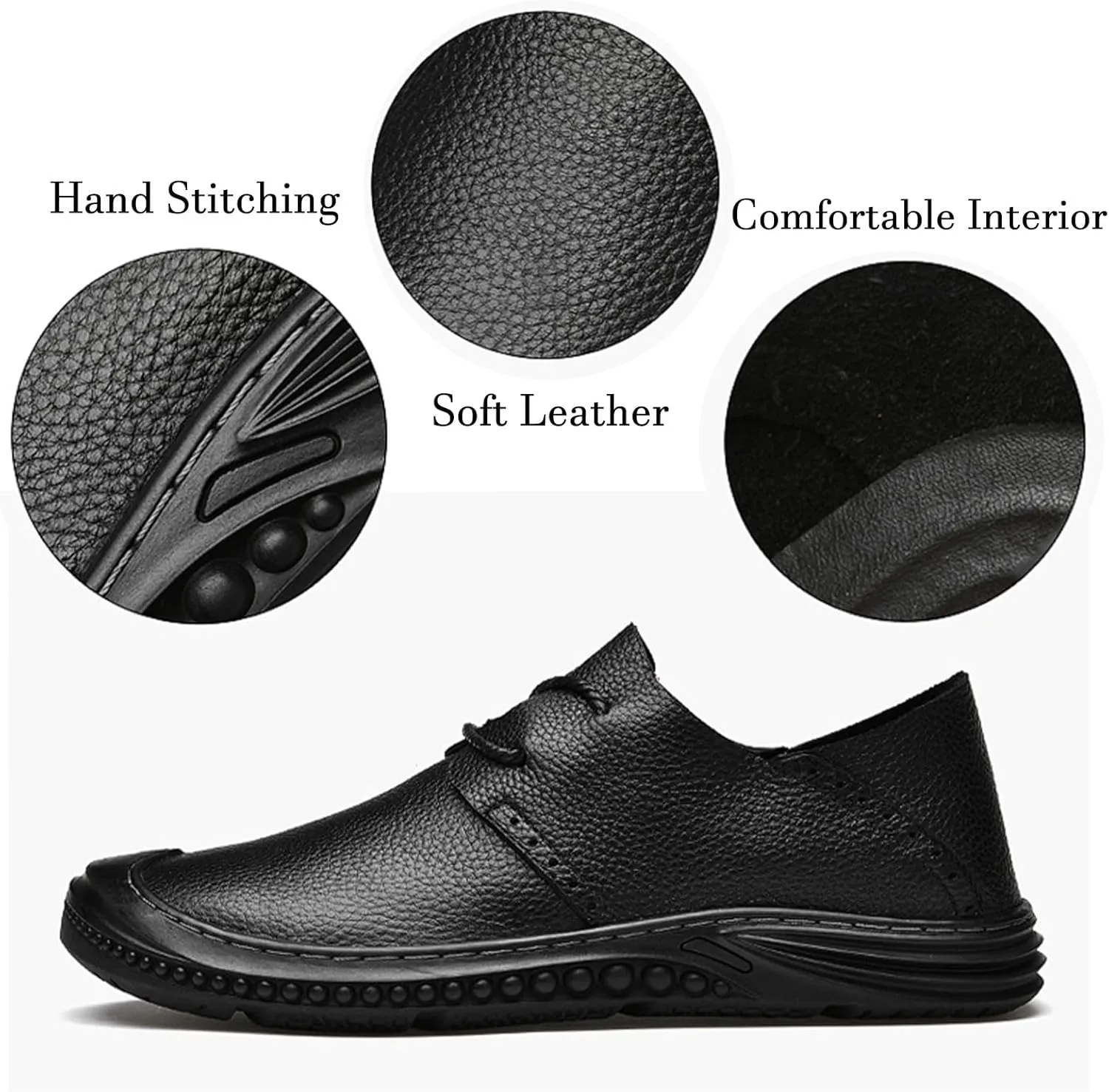 Men's Soft Leather Lace Up Flat Loafers Hand Stitching Comfortable Soft Sole Slip On Driving Walking Shoes Casual Dress Loafers