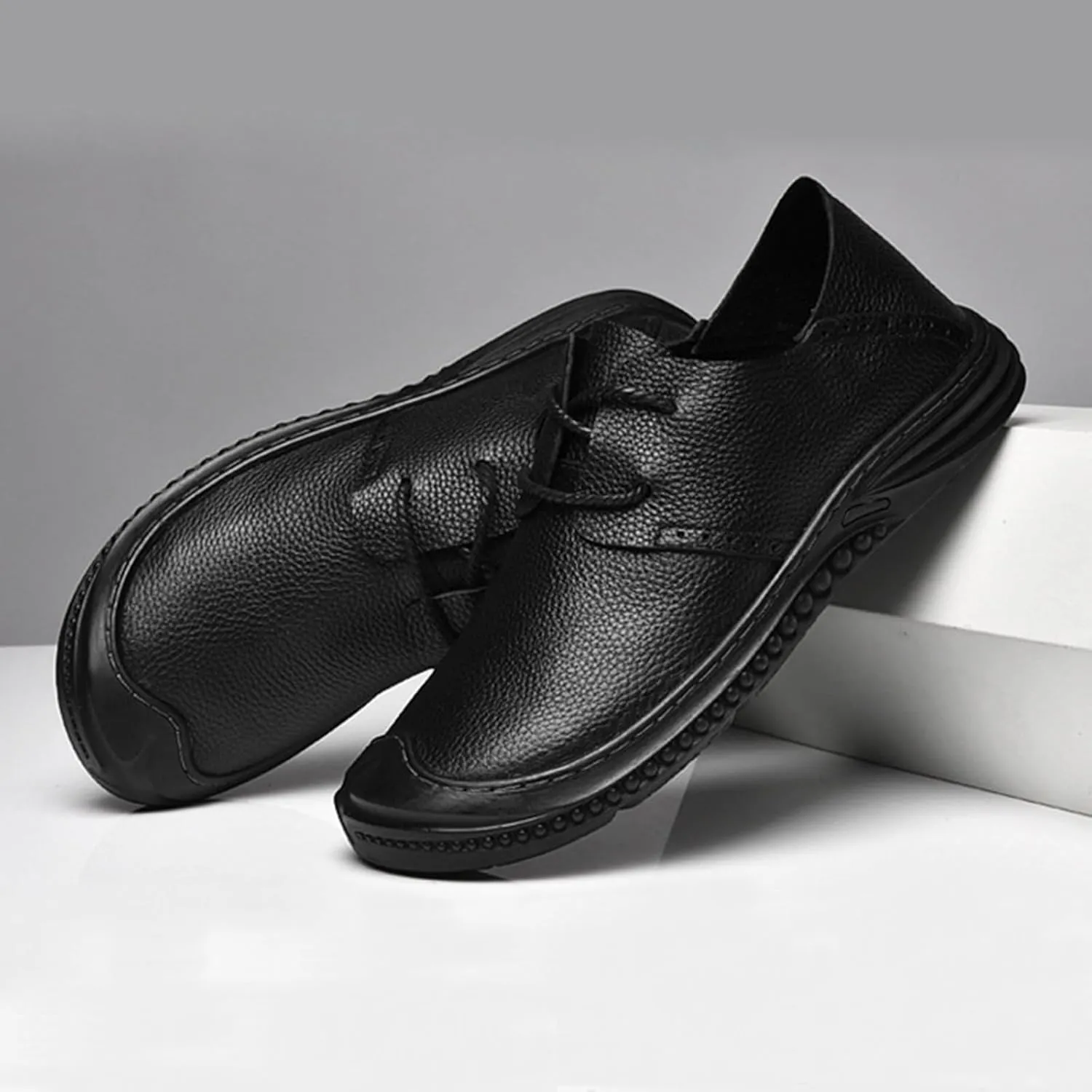 Men's Soft Leather Lace Up Flat Loafers Hand Stitching Comfortable Soft Sole Slip On Driving Walking Shoes Casual Dress Loafers