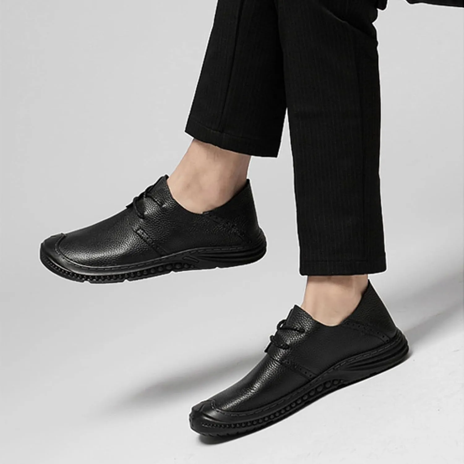 Men's Soft Leather Lace Up Flat Loafers Hand Stitching Comfortable Soft Sole Slip On Driving Walking Shoes Casual Dress Loafers