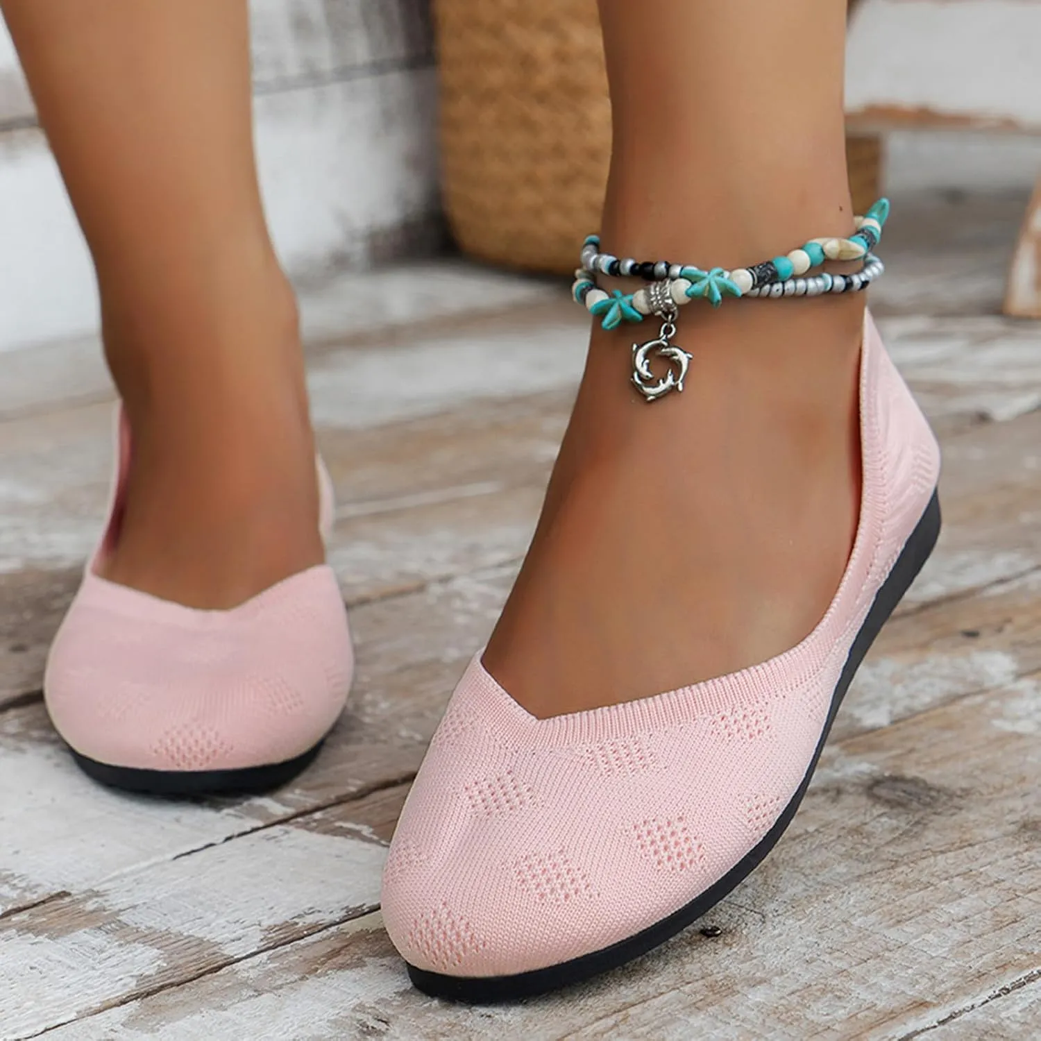 Mesh Ballet Flats for Women Pointed Toe Dress Shoes Soft Knitted Loafers Classic Flat Shoes Slip On Loafers