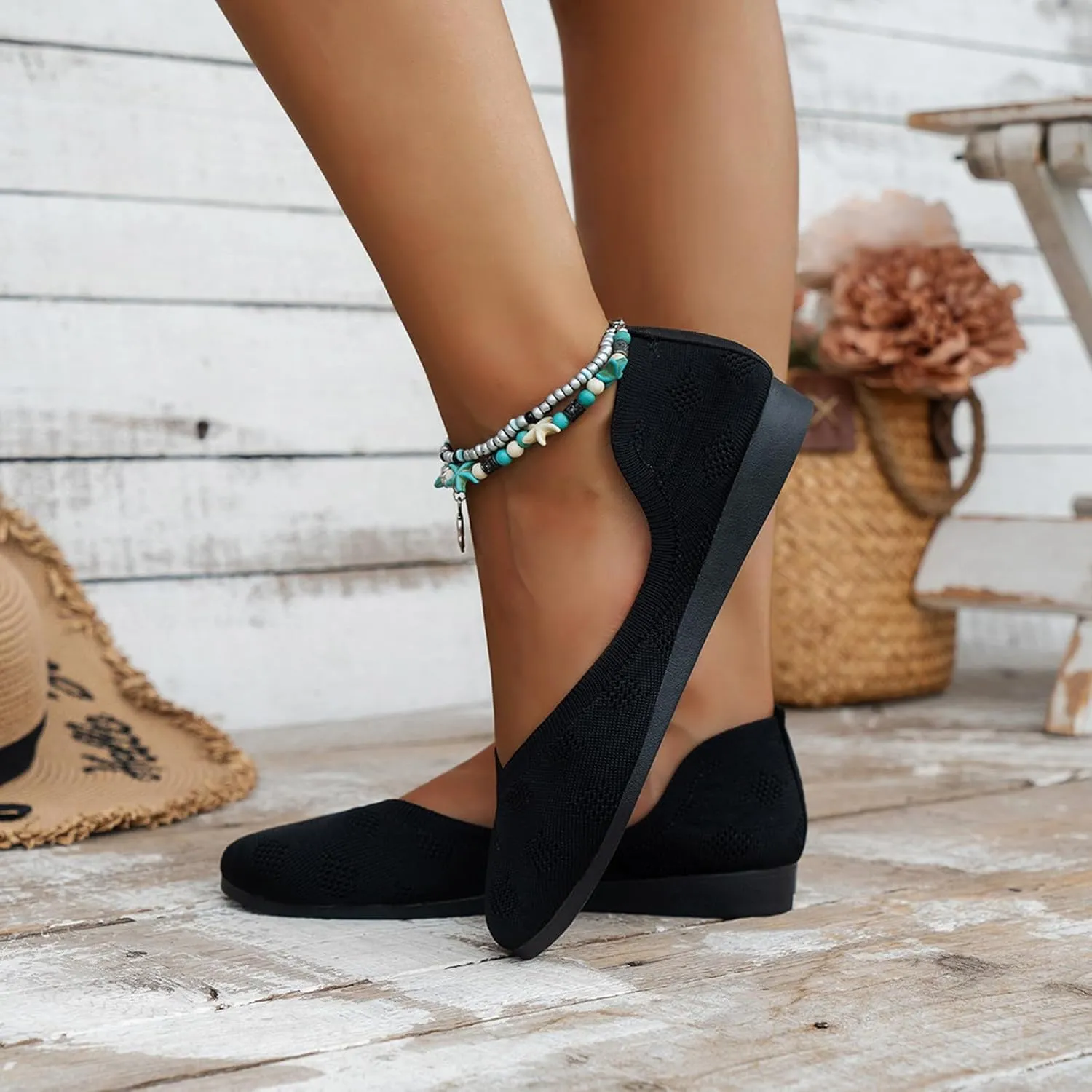 Mesh Ballet Flats for Women Pointed Toe Dress Shoes Soft Knitted Loafers Classic Flat Shoes Slip On Loafers