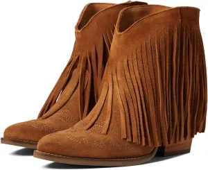 MOOMMO Women Tassel Western Booties Chunky Block Heel Suede Cowboy Ankle Boots Fringe Pointed Closed Toe V-Cut Stacked Heel Slip On Short Boots Chic Cowgirl Embroidered Retro Brown 7.5 M US