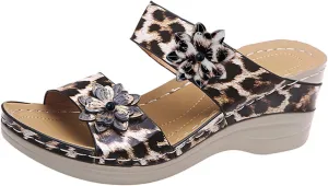 Orthopedic Wedge Sandals for Women 2025 Dressy Summer Open Toe Slide Flowers Leopard Comfortable Casual Womens Orthotic Cushion Foot Arch Support Plantar Fasciitis Bunion Shoes Non Slip-on Slides
