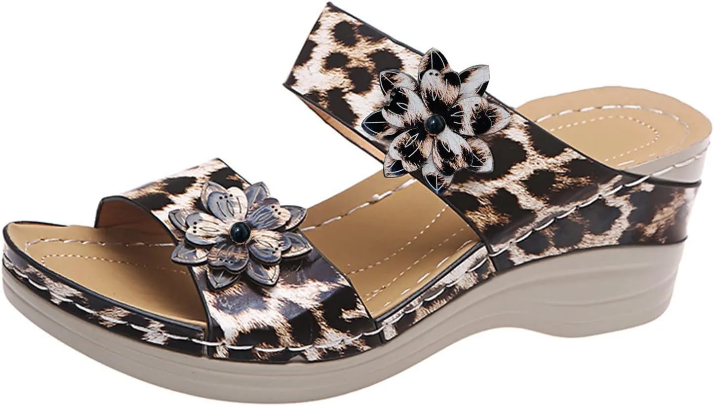 Orthopedic Wedge Sandals for Women 2025 Dressy Summer Open Toe Slide Flowers Leopard Comfortable Casual Womens Orthotic Cushion Foot Arch Support Plantar Fasciitis Bunion Shoes Non Slip-on Slides