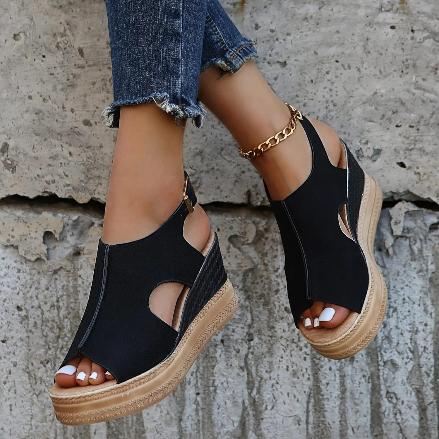 Orthopedic Wedge Sandals for Women 2025 Platform Cork Wedges Sandal Dressy Summer Comfortable Womens Comfy Non Slip-on Ankle Strap Womens Low Heel Leather Dressy Ladies Shoes for Daily Wear