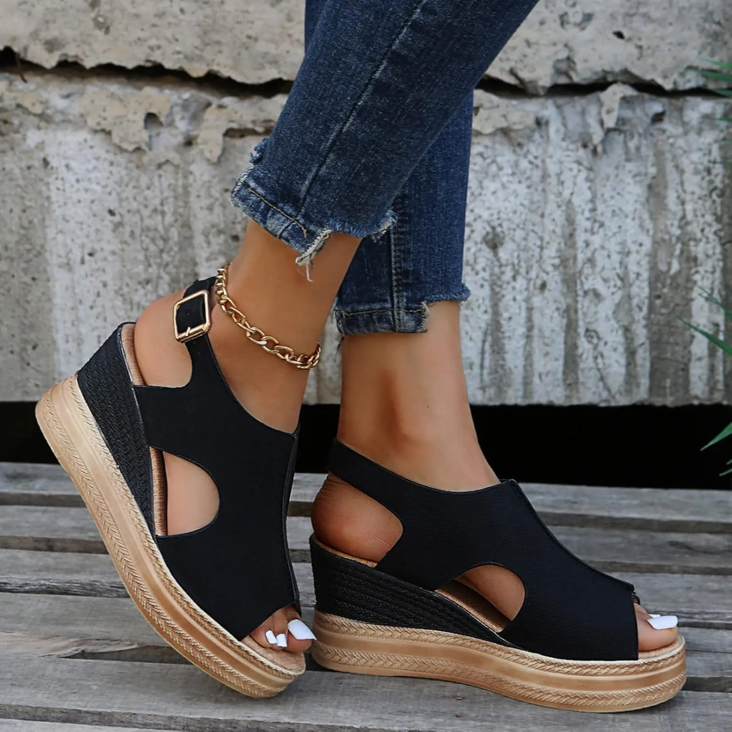 Orthopedic Wedge Sandals for Women 2025 Platform Cork Wedges Sandal Dressy Summer Comfortable Womens Comfy Non Slip-on Ankle Strap Womens Low Heel Leather Dressy Ladies Shoes for Daily Wear