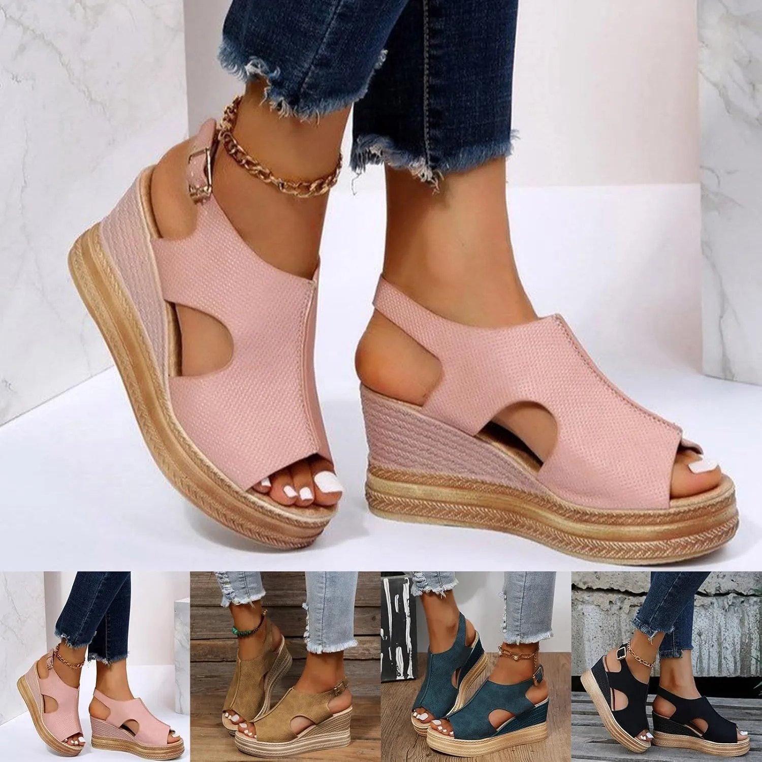 Orthopedic Wedge Sandals for Women 2025 Platform Cork Wedges Sandal Dressy Summer Comfortable Womens Comfy Non Slip-on Ankle Strap Womens Low Heel Leather Dressy Ladies Shoes for Daily Wear