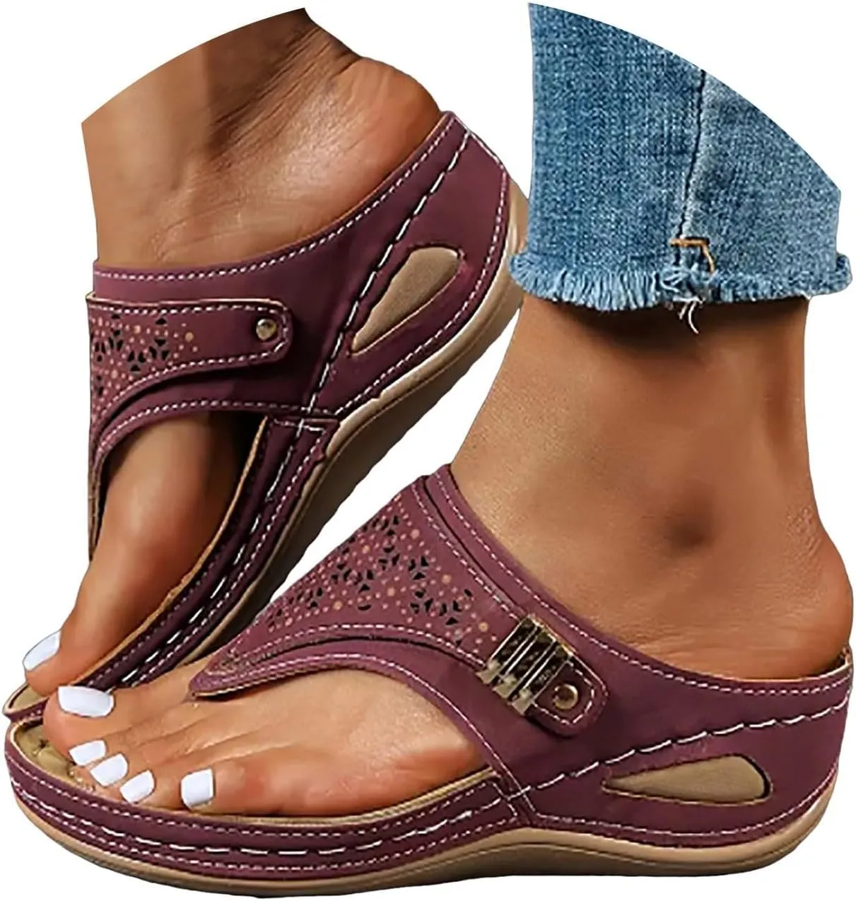 Orthopedic Wedge Sandals for Women 2025, Women Summer Dressy Casual Open Toe Platform Flip Flops with Arch Support Beach Dress Comfortable Shoes Slip on Walking Silppers(Red)