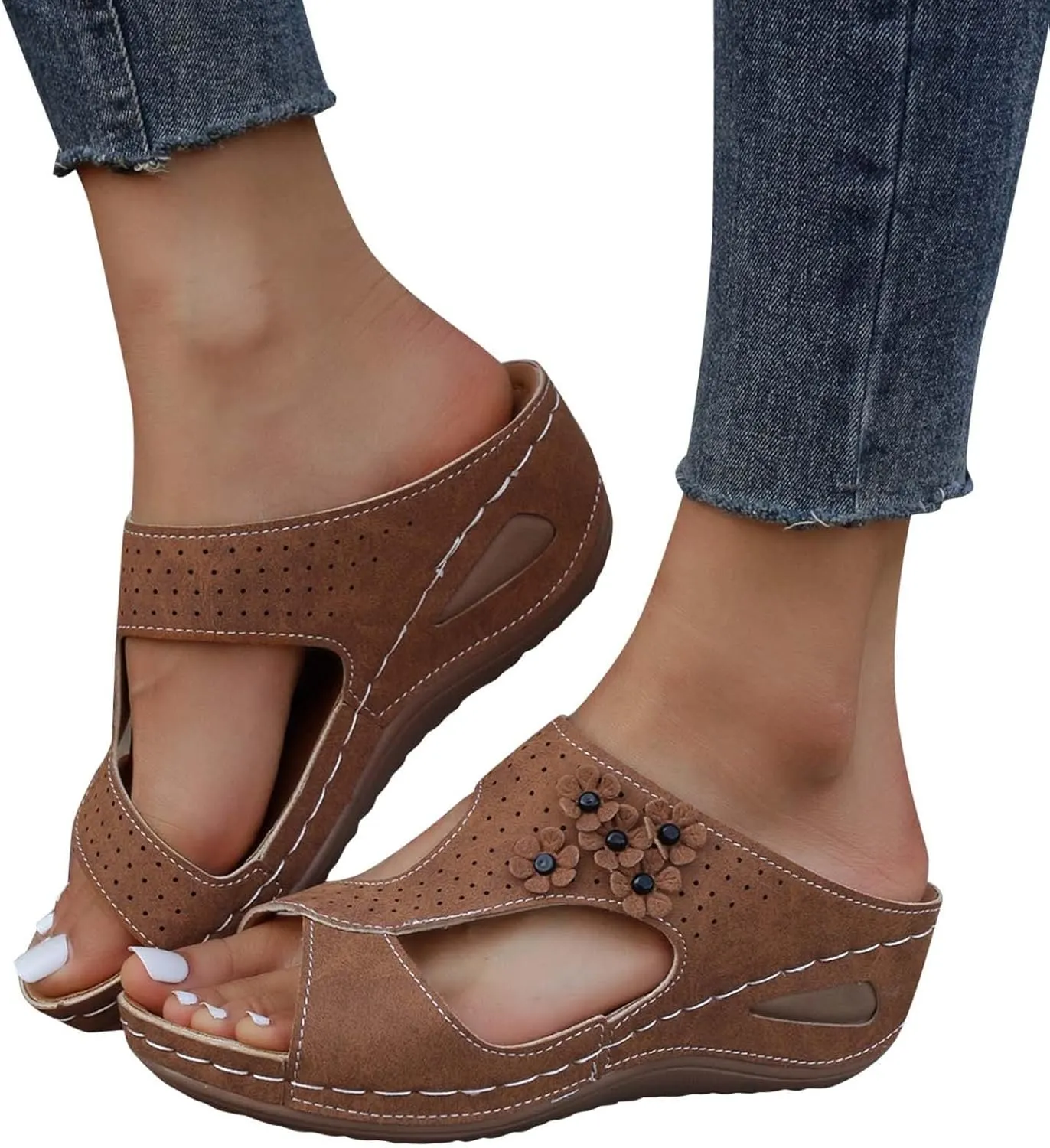 Orthopedic Wedge Sandals for Women Summer Comfortable Slides Slippers Sandals Open Toe Leather Dressy Casual Slippers Fashion Flowers Beach Walking Shower Shoes Indoor Outdoor