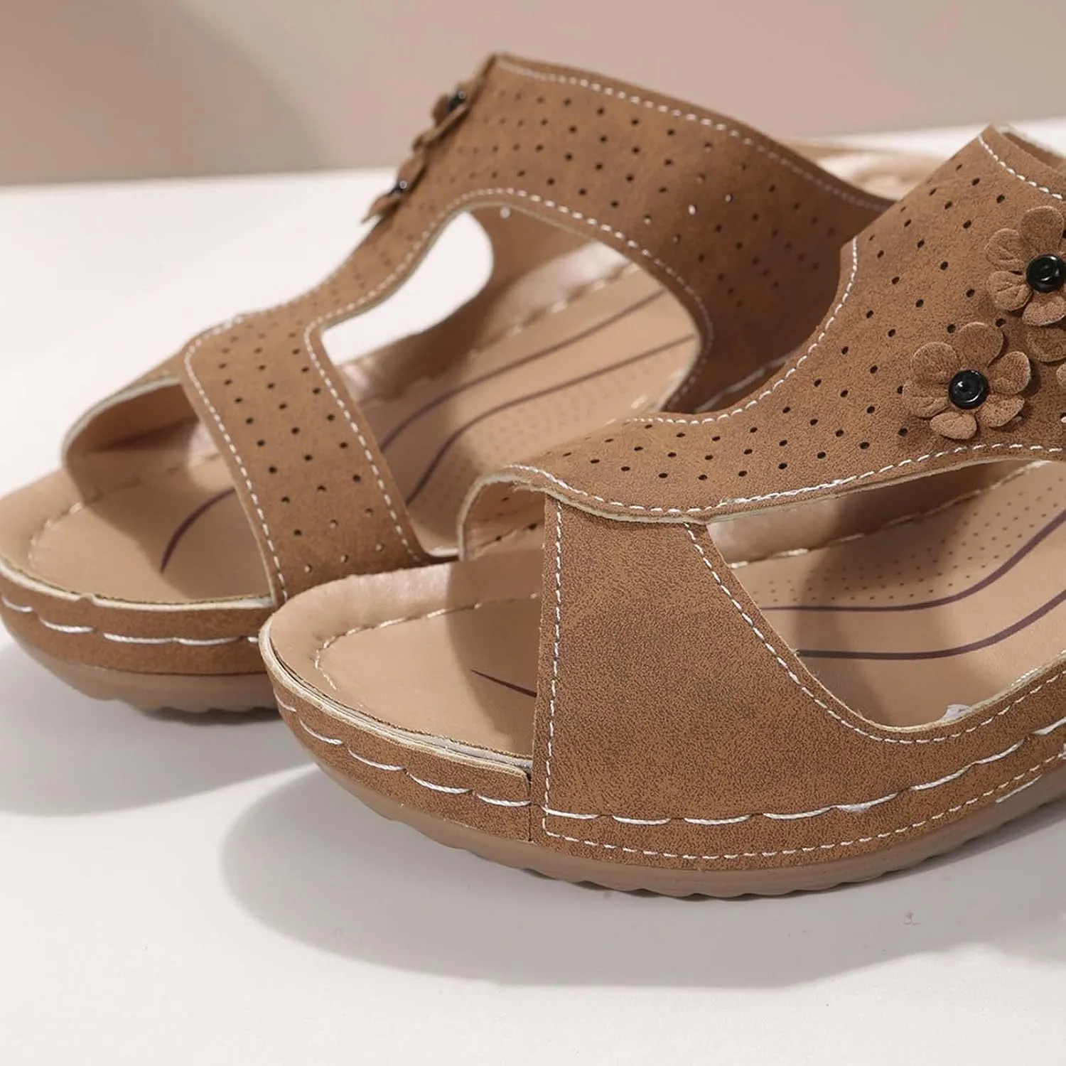 Orthopedic Wedge Sandals for Women Summer Comfortable Slides Slippers Sandals Open Toe Leather Dressy Casual Slippers Fashion Flowers Beach Walking Shower Shoes Indoor Outdoor