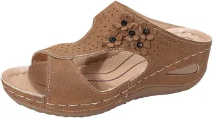 Orthopedic Wedge Sandals for Women Summer Comfortable Slides Slippers Sandals Open Toe Leather Dressy Casual Slippers Fashion Flowers Beach Walking Shower Shoes Indoor Outdoor