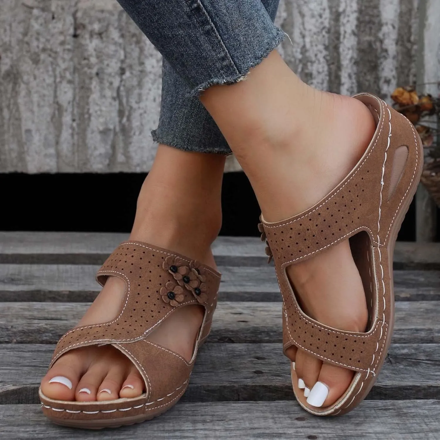 Orthopedic Wedge Sandals for Women Summer Comfortable Slides Slippers Sandals Open Toe Leather Dressy Casual Slippers Fashion Flowers Beach Walking Shower Shoes Indoor Outdoor