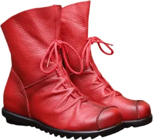 pearlzone Womens Genuine Leather Casual Soft Flat Boots,Renaissance Natural Leather Handmade Historical Shoes