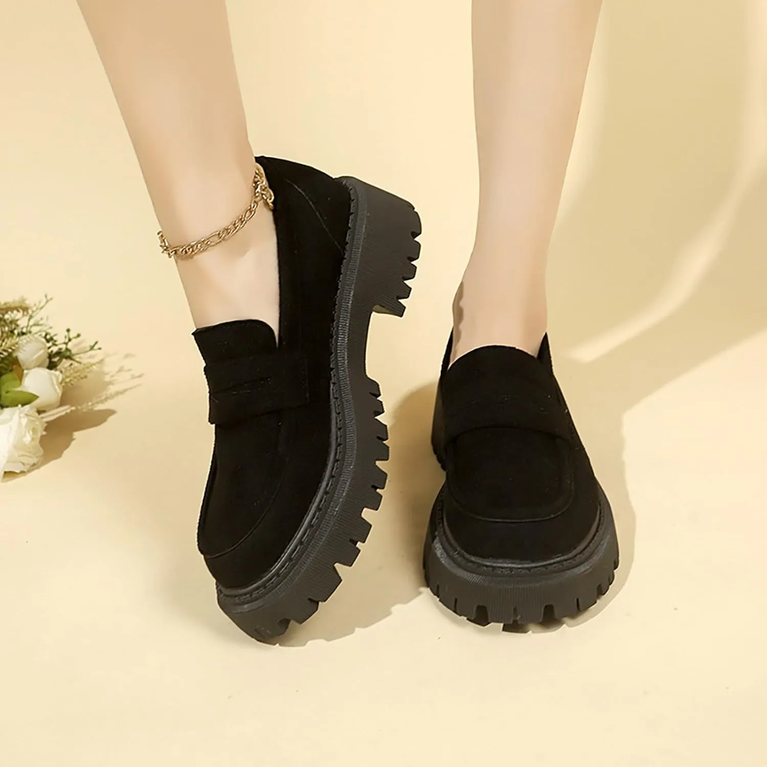 Platform Loafers for Women Comfort Slip On Loafers Casual Business Shoes Classic Fall Shoes Leather Penny Loafers