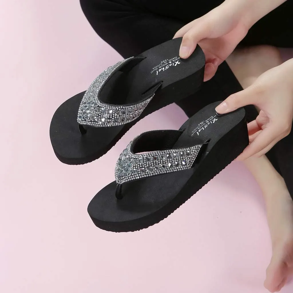 Rhinestone Flip Flops for Women Wedge Slippers Casual Beach Shoes Summer Platform Slides Wedge Sandals (Black, 6.5)